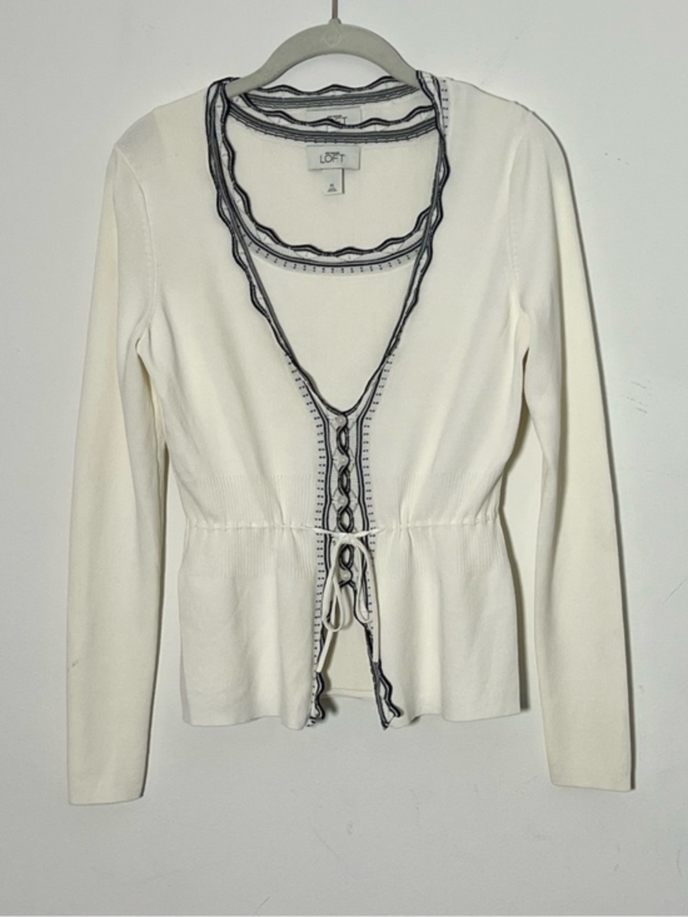LOFT Cream Tie-Front Cardigan and Cami with Embroidered Scalloped Trim